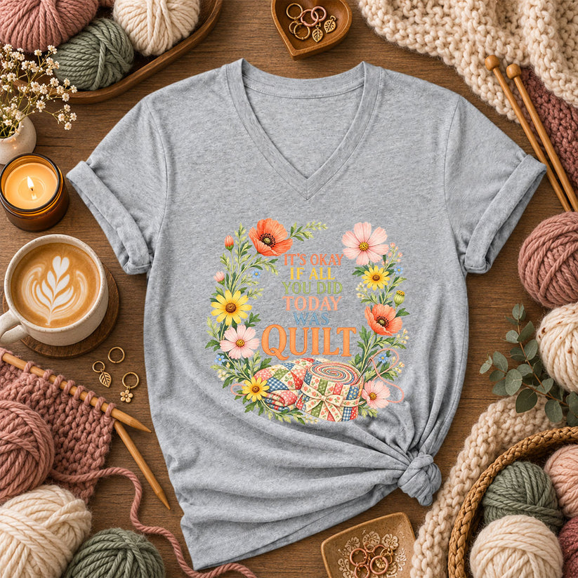 It's Okay If All You Did Today Was Quilt Floral Wreath Women's V-Neck - Athletic Heather