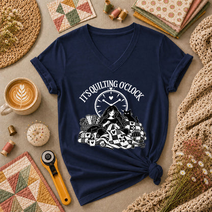 It's Quilting O'clock Cozy Night Women's V-Neck - Navy