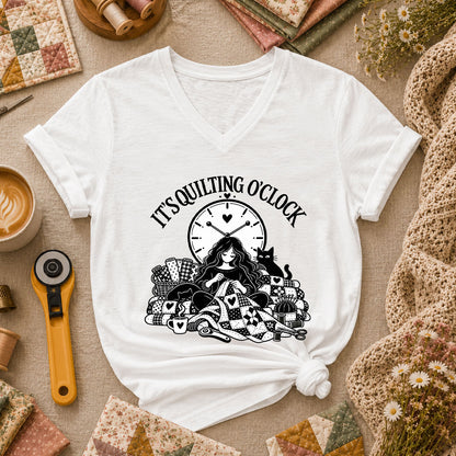 It's Quilting O'clock Cozy Night Women's V-Neck - White
