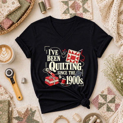 I've Been Quilting Since The 1900s Women's V-Neck - Black