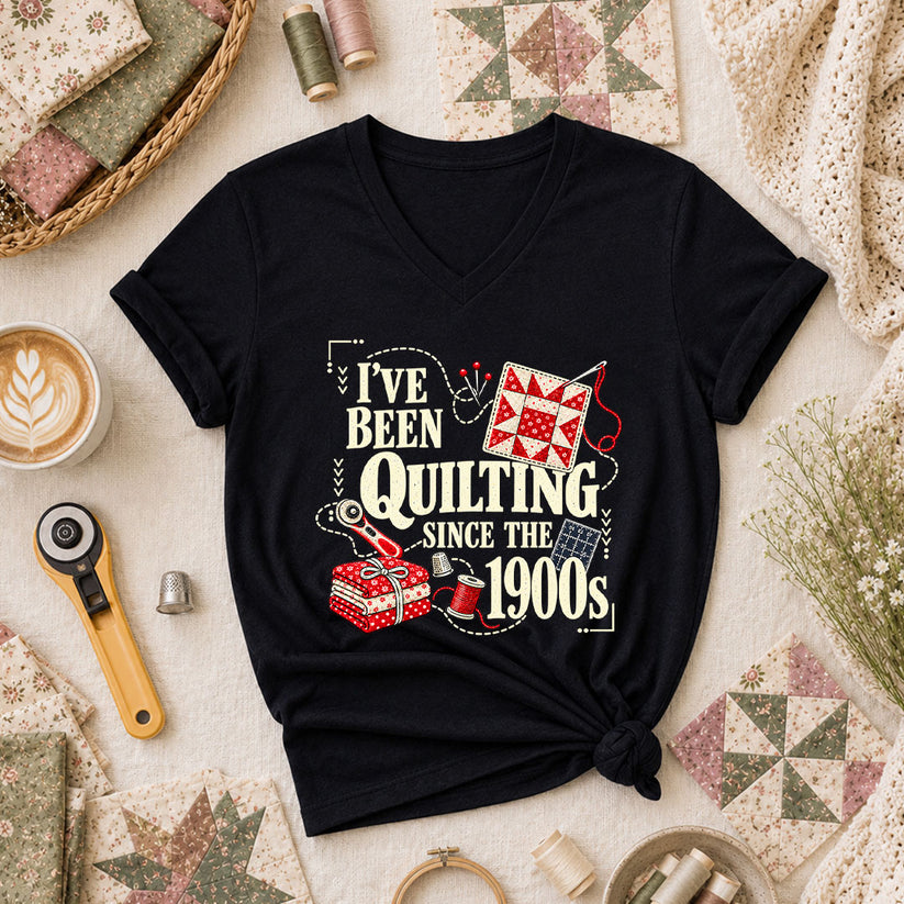 I've Been Quilting Since The 1900s Women's V-Neck - Black