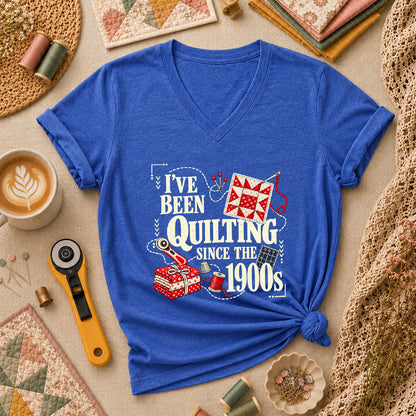 I've Been Quilting Since The 1900s Women's V-Neck - Heather True Royal