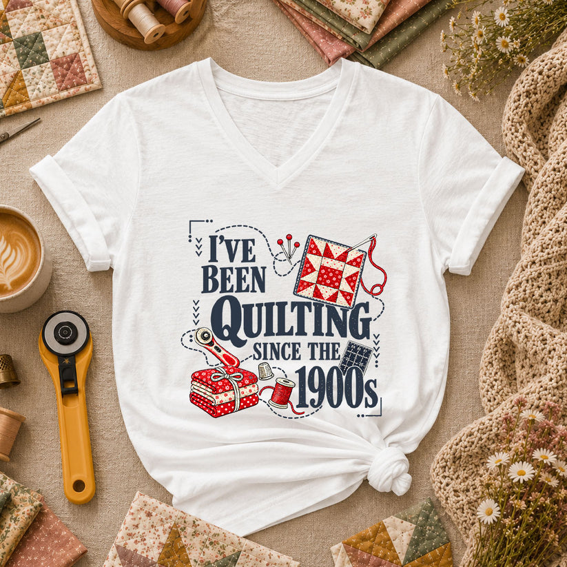 I've Been Quilting Since The 1900s Women's V-Neck - White