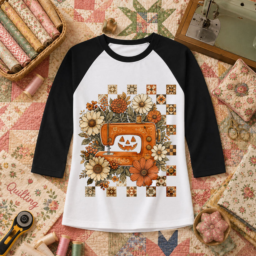 Jack-O-Lantern Sewing Machine With Florals Raglan Sleeve - Black