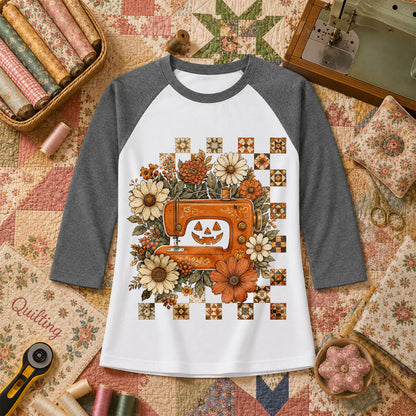 Jack-O-Lantern Sewing Machine With Florals Raglan Sleeve - Deep Heather