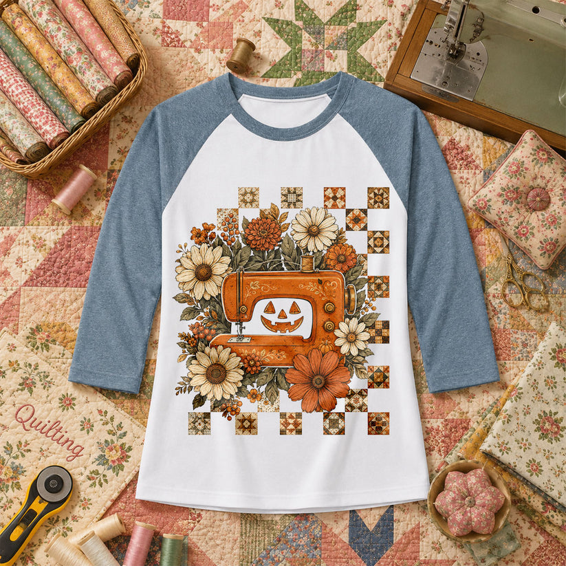 Jack-O-Lantern Sewing Machine With Florals Raglan Sleeve - Denim