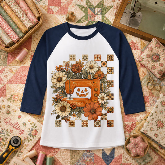 Jack-O-Lantern Sewing Machine With Florals Raglan Sleeve - Navy