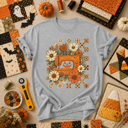 Jack-O-Lantern Sewing Machine With Florals T-Shirt - Athletic Heather