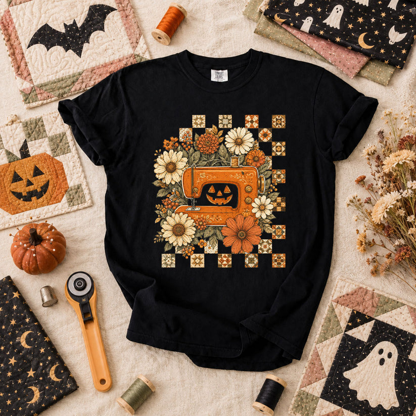 Jack-O-Lantern Sewing Machine With Florals T-Shirt - Black
