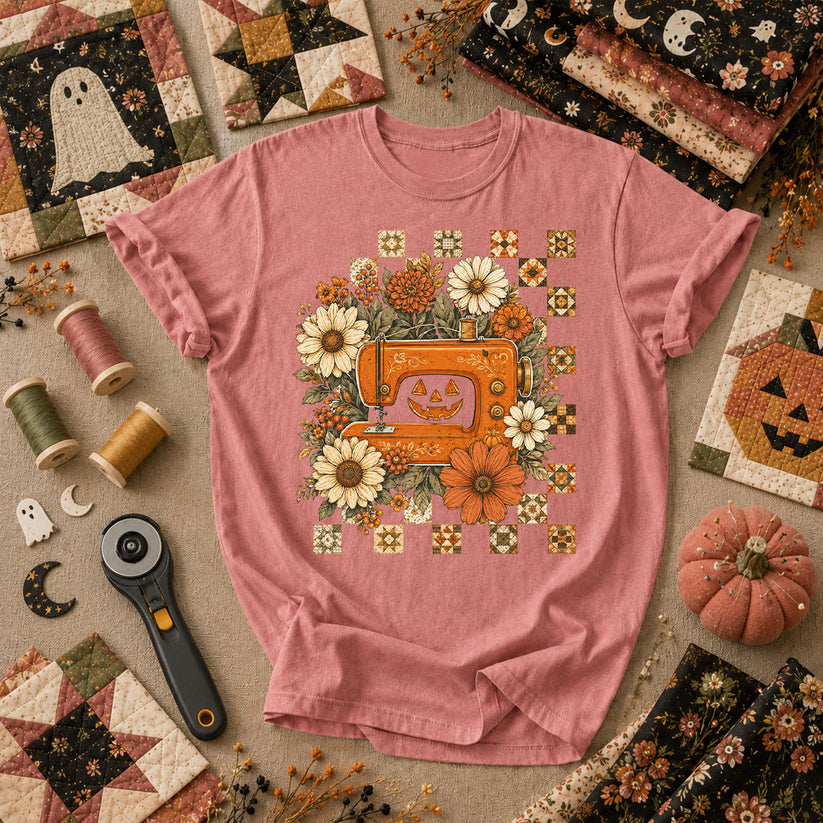 Jack-O-Lantern Sewing Machine With Florals T-Shirt - Heather Mauve