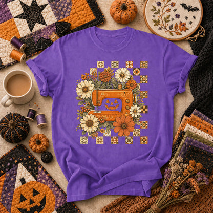 Jack-O-Lantern Sewing Machine With Florals T-Shirt - Heather Team Purple
