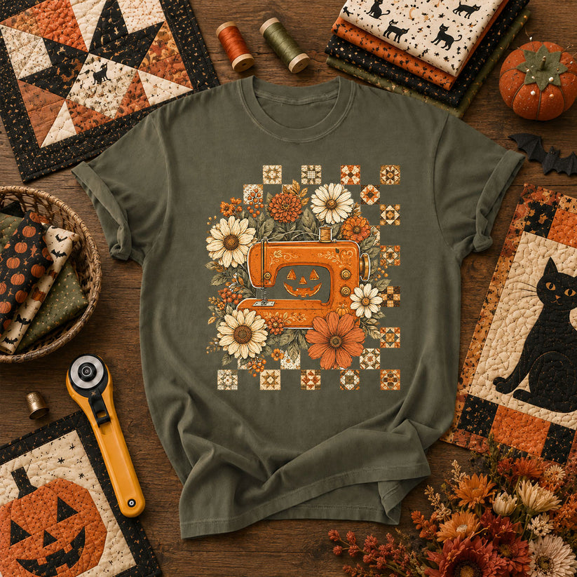 Jack-O-Lantern Sewing Machine With Florals T-Shirt - Military Green