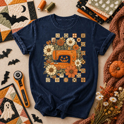 Jack-O-Lantern Sewing Machine With Florals T-Shirt - Navy