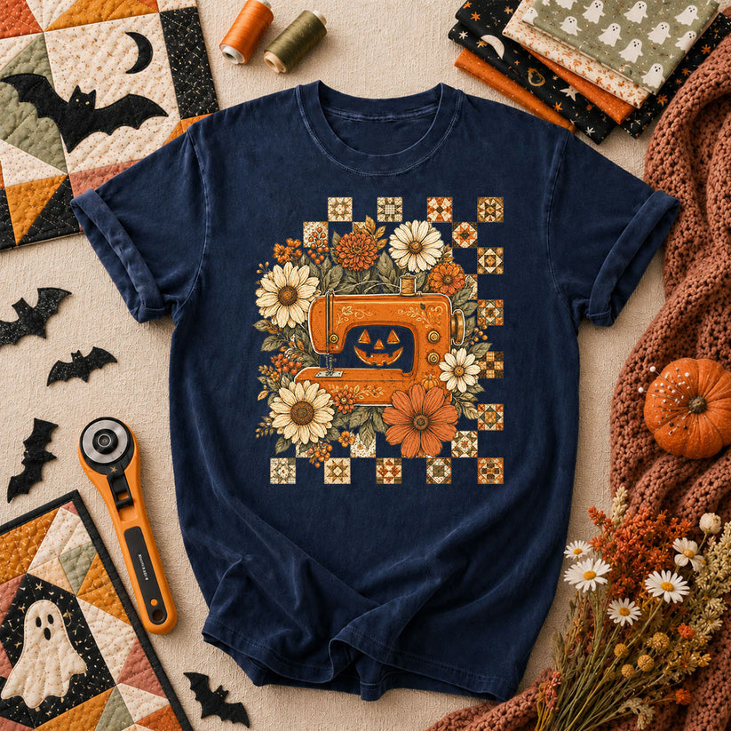 Jack-O-Lantern Sewing Machine With Florals T-Shirt - Navy