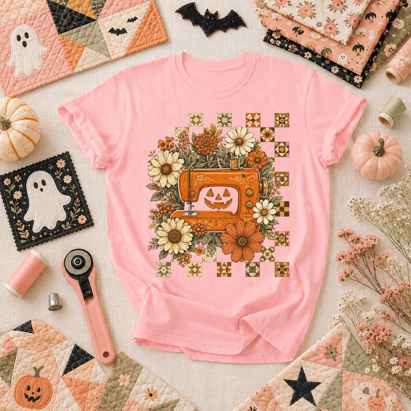 Jack-O-Lantern Sewing Machine With Florals T-Shirt - Pink