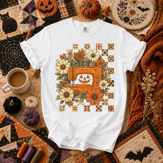 Jack-O-Lantern Sewing Machine With Florals T-Shirt - White