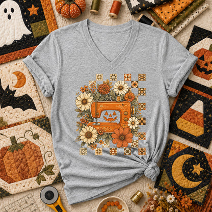 Jack-O-Lantern Sewing Machine With Florals Women's V-Neck - Athletic Heather