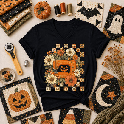 Jack-O-Lantern Sewing Machine With Florals Women's V-Neck - Black