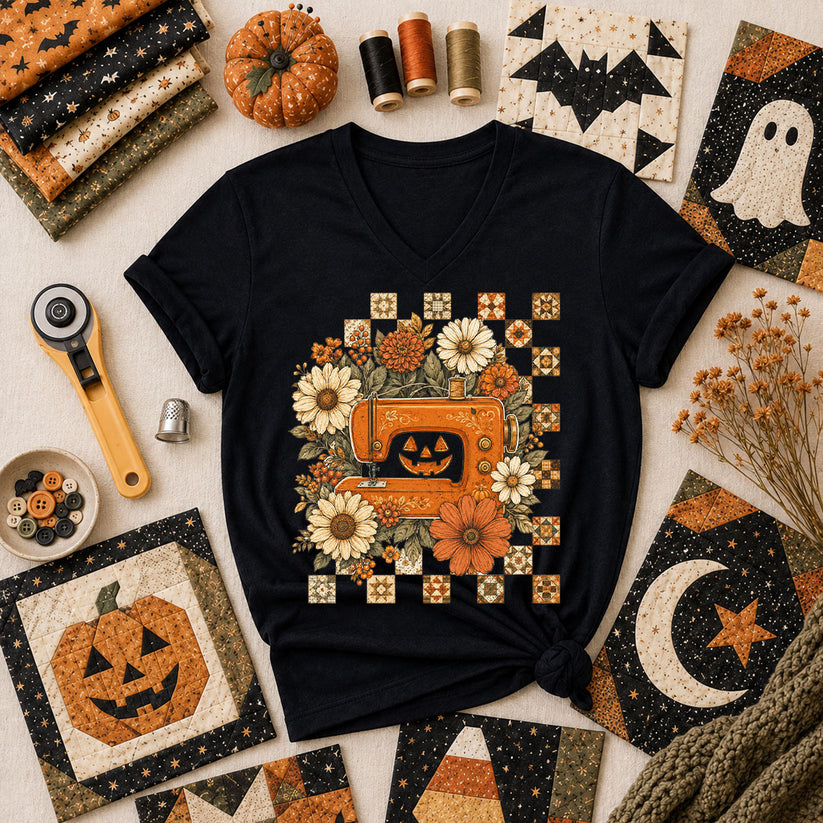 Jack-O-Lantern Sewing Machine With Florals Women's V-Neck - Black