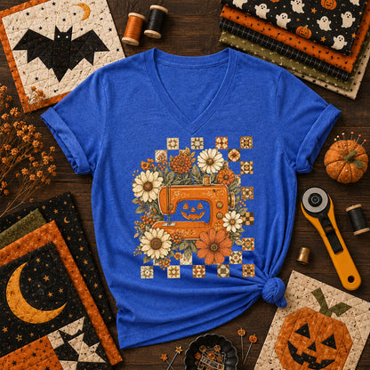 Jack-O-Lantern Sewing Machine With Florals Women's V-Neck - Heather True Royal