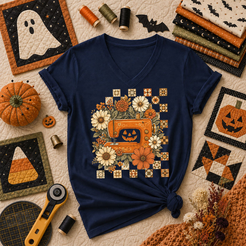 Jack-O-Lantern Sewing Machine With Florals Women's V-Neck - Navy