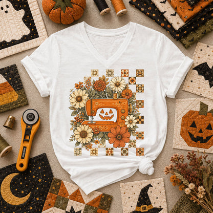 Jack-O-Lantern Sewing Machine With Florals Women's V-Neck - White