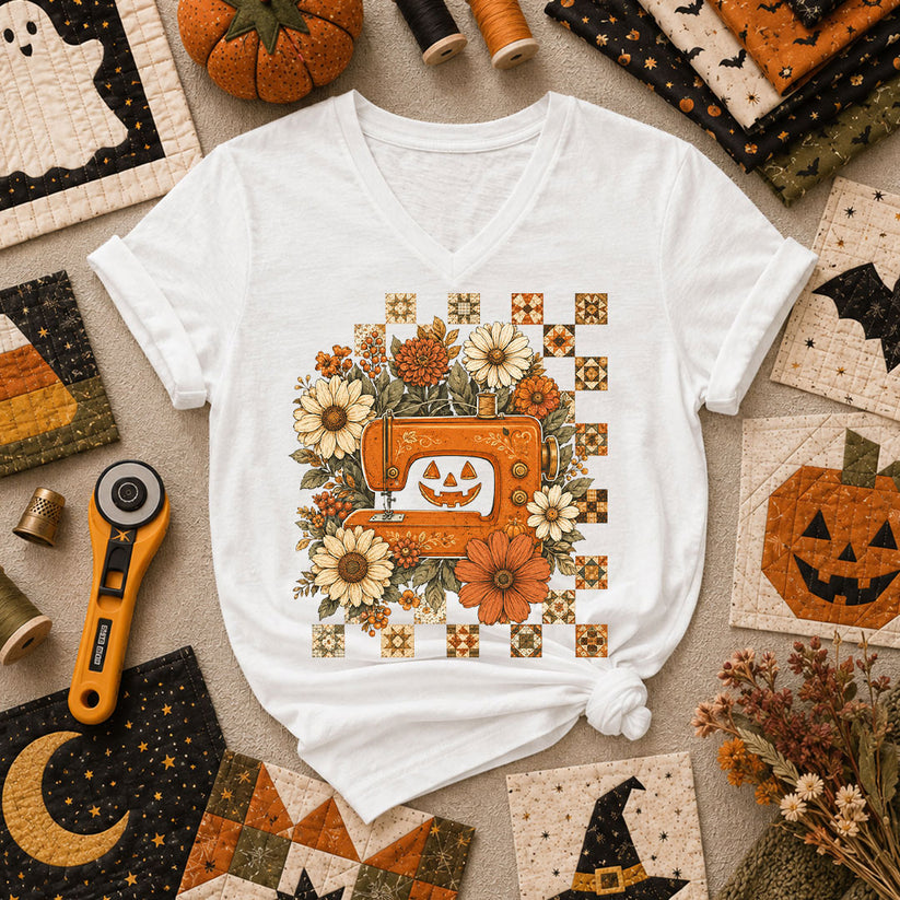 Jack-O-Lantern Sewing Machine With Florals Women's V-Neck - White