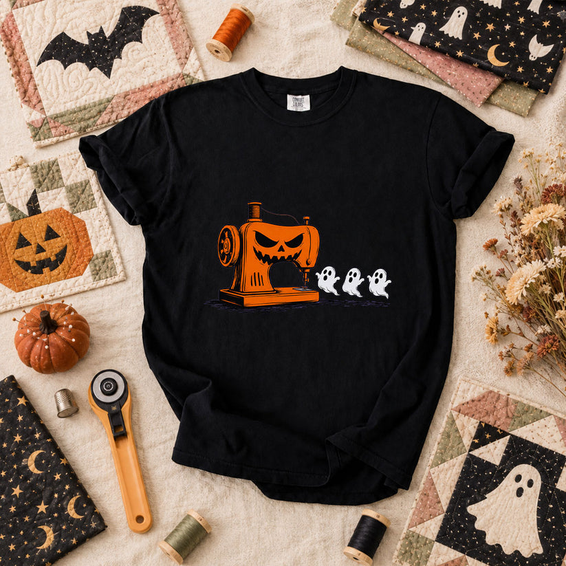 Jack-O-Sewing Machine Chasing Ghosts T-Shirt - Black