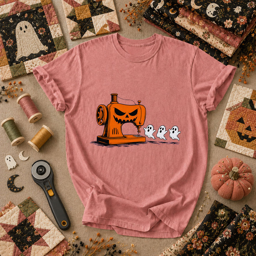 Jack-O-Sewing Machine Chasing Ghosts T-Shirt - Heather Mauve