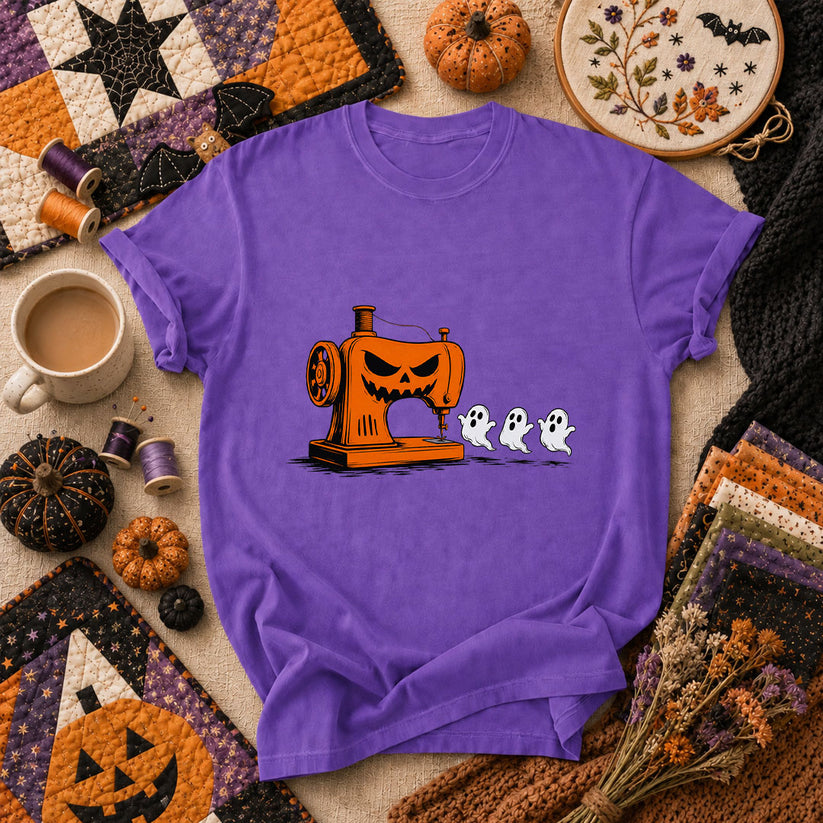 Jack-O-Sewing Machine Chasing Ghosts T-Shirt - Heather Team Purple