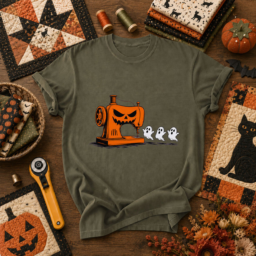 Jack-O-Sewing Machine Chasing Ghosts T-Shirt - Military Green