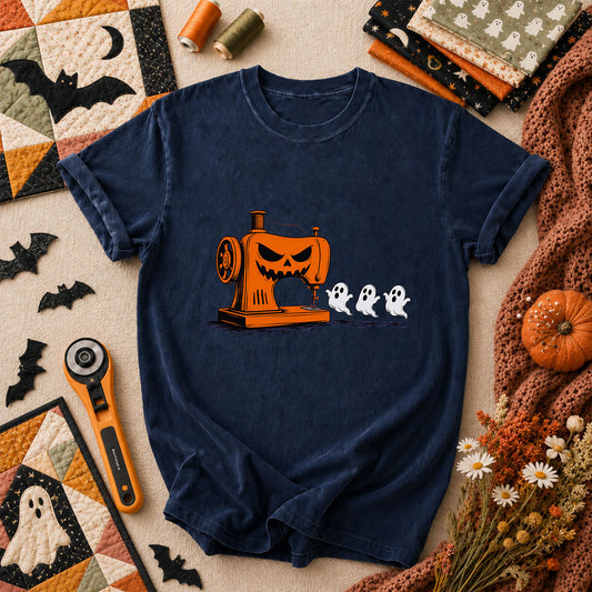 Jack-O-Sewing Machine Chasing Ghosts T-Shirt - Navy