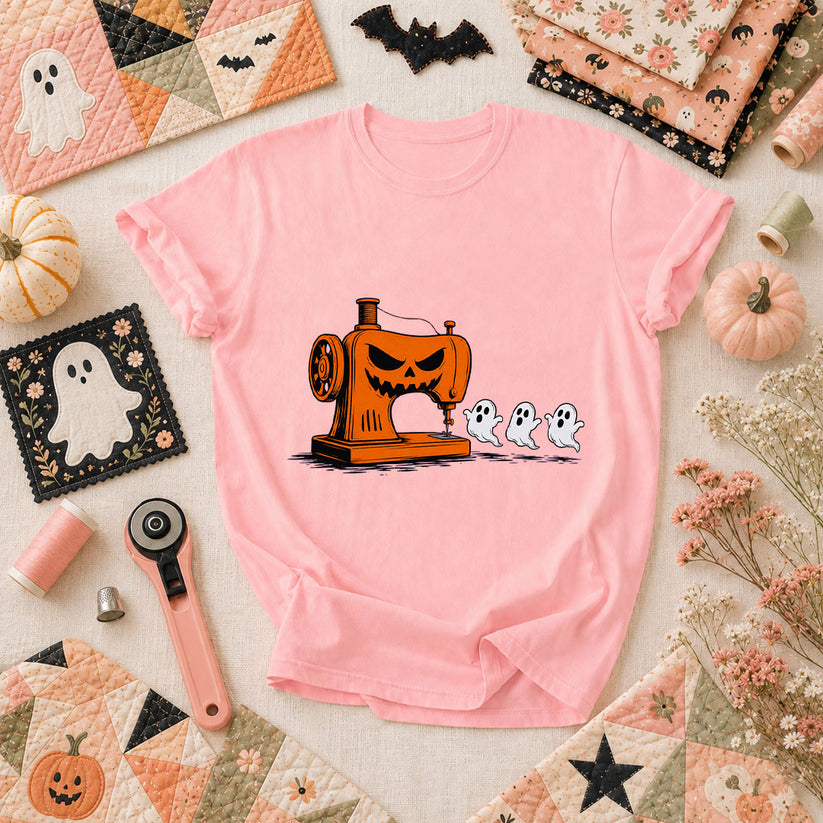 Jack-O-Sewing Machine Chasing Ghosts T-Shirt - Pink