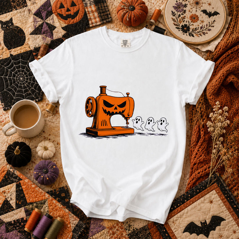Jack-O-Sewing Machine Chasing Ghosts T-Shirt - White