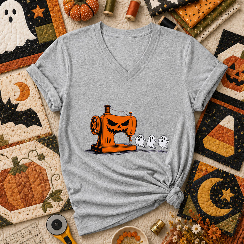 Jack-O-Sewing Machine Chasing Ghosts Women's V-Neck - Athletic Heather