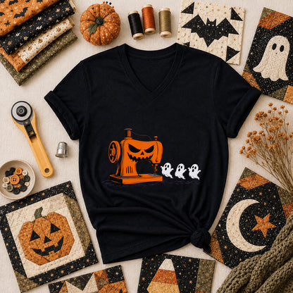 Jack-O-Sewing Machine Chasing Ghosts Women's V-Neck - Black