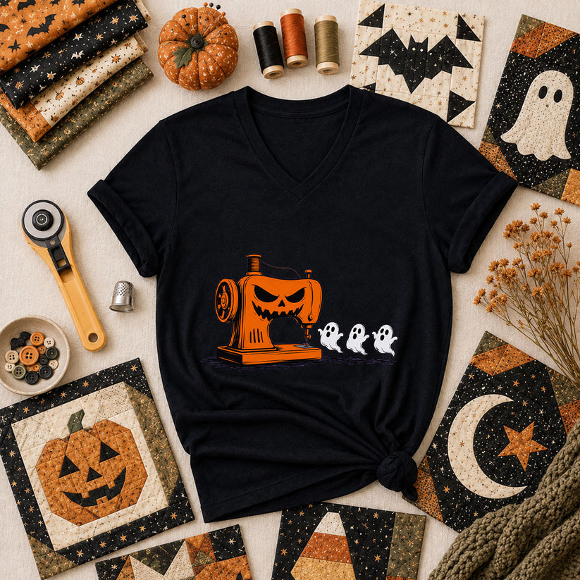 Jack-O-Sewing Machine Chasing Ghosts Women's V-Neck - Black