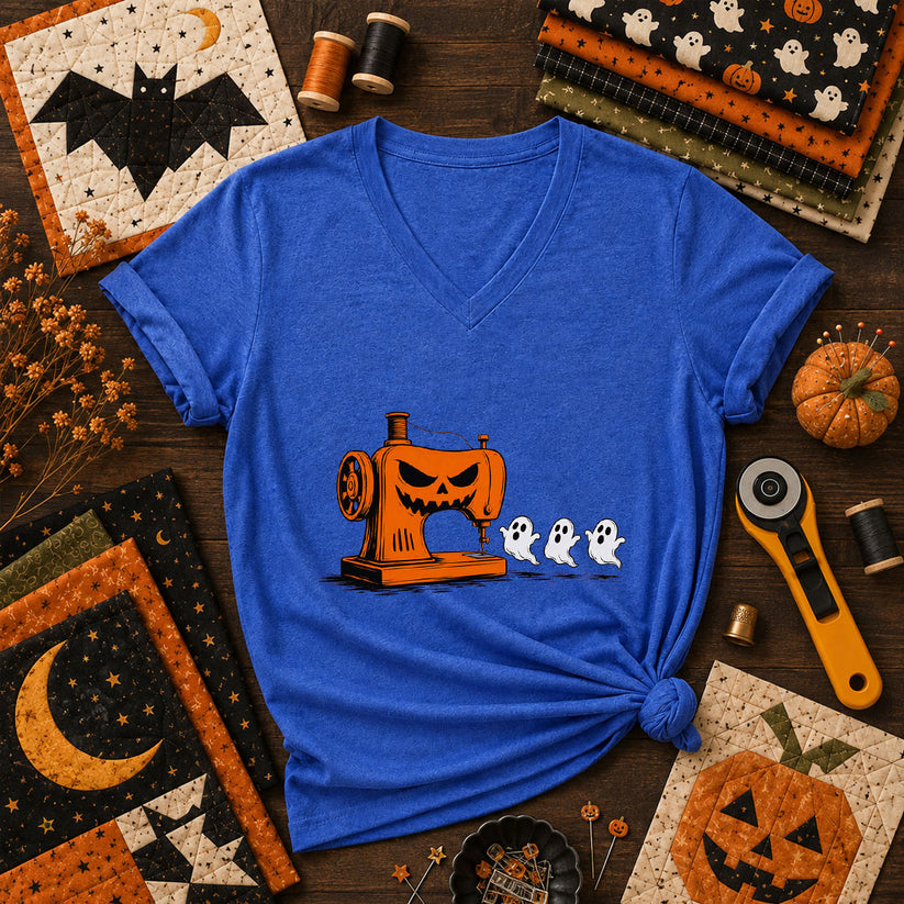 Jack-O-Sewing Machine Chasing Ghosts Women's V-Neck - Heather True Royal