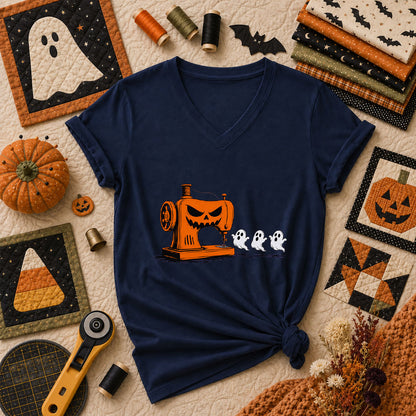 Jack-O-Sewing Machine Chasing Ghosts Women's V-Neck - Navy