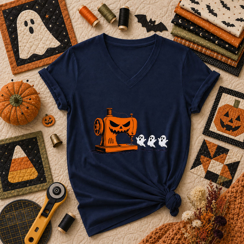 Jack-O-Sewing Machine Chasing Ghosts Women's V-Neck - Navy