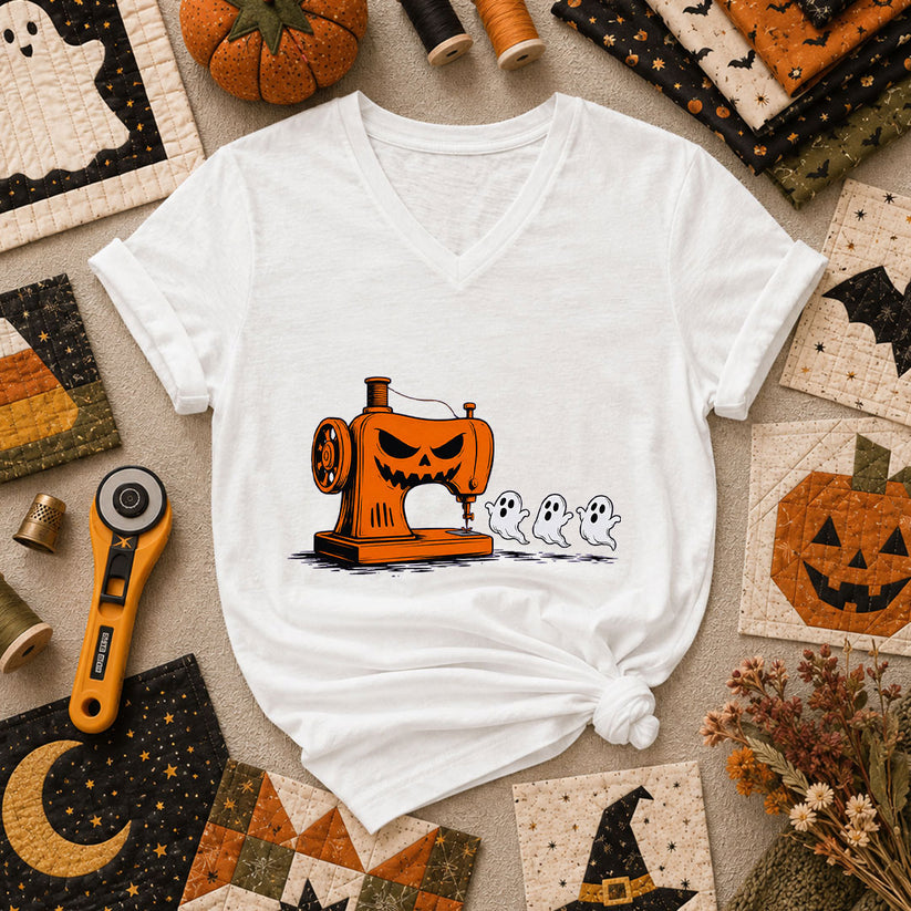 Jack-O-Sewing Machine Chasing Ghosts Women's V-Neck - White