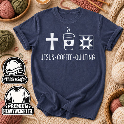 Jesus Coffee Quilting T-Shirt - Heather Navy