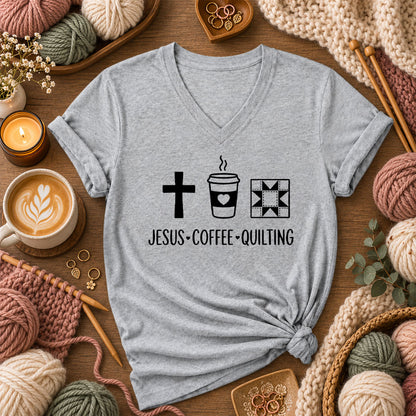 Jesus Coffee Quilting Women's V-Neck - Athletic Heather