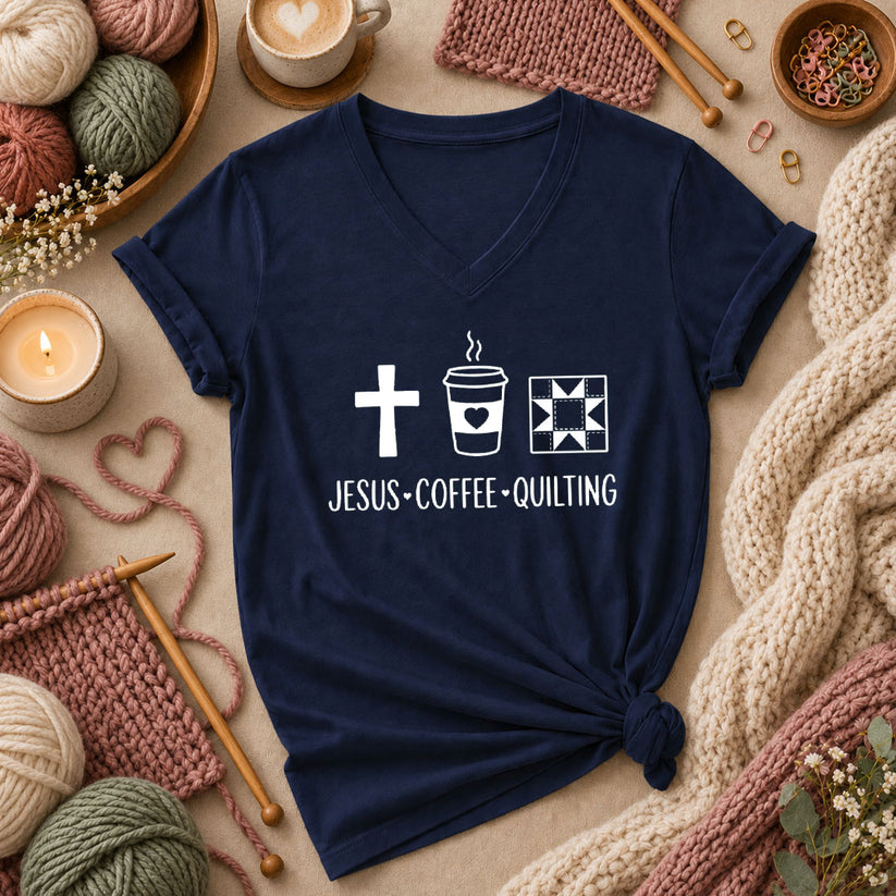 Jesus Coffee Quilting Women's V-Neck - Navy