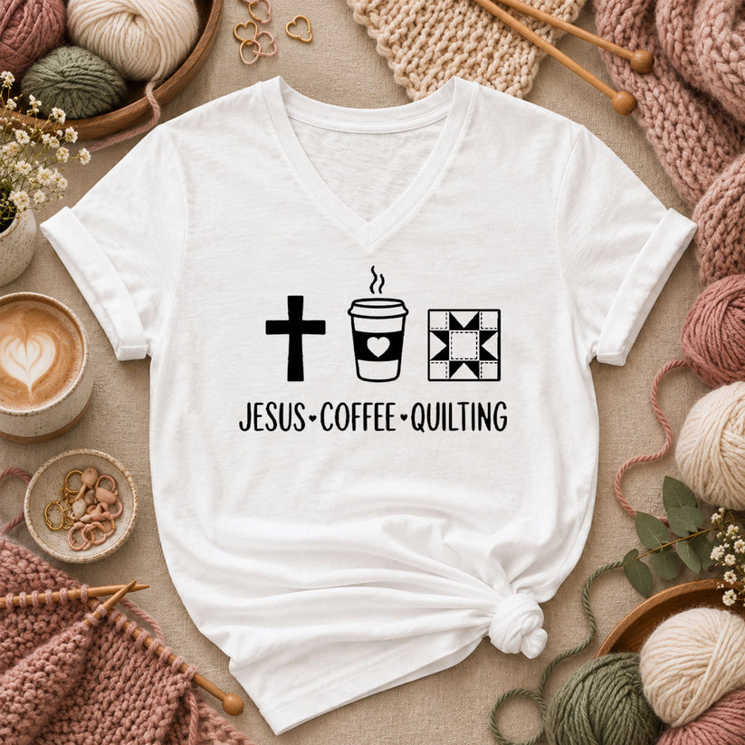 Jesus Coffee Quilting Women's V-Neck - White