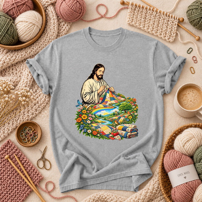 Jesus Quilting In Rainbow Flower Meadow T-Shirt - Athletic Heather