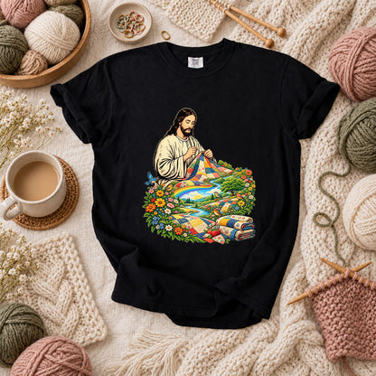 Jesus Quilting In Rainbow Flower Meadow T-Shirt - Black