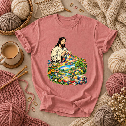 Jesus Quilting In Rainbow Flower Meadow T-Shirt - Heather Mauve