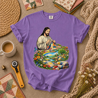Jesus Quilting In Rainbow Flower Meadow T-Shirt - Heather Team Purple