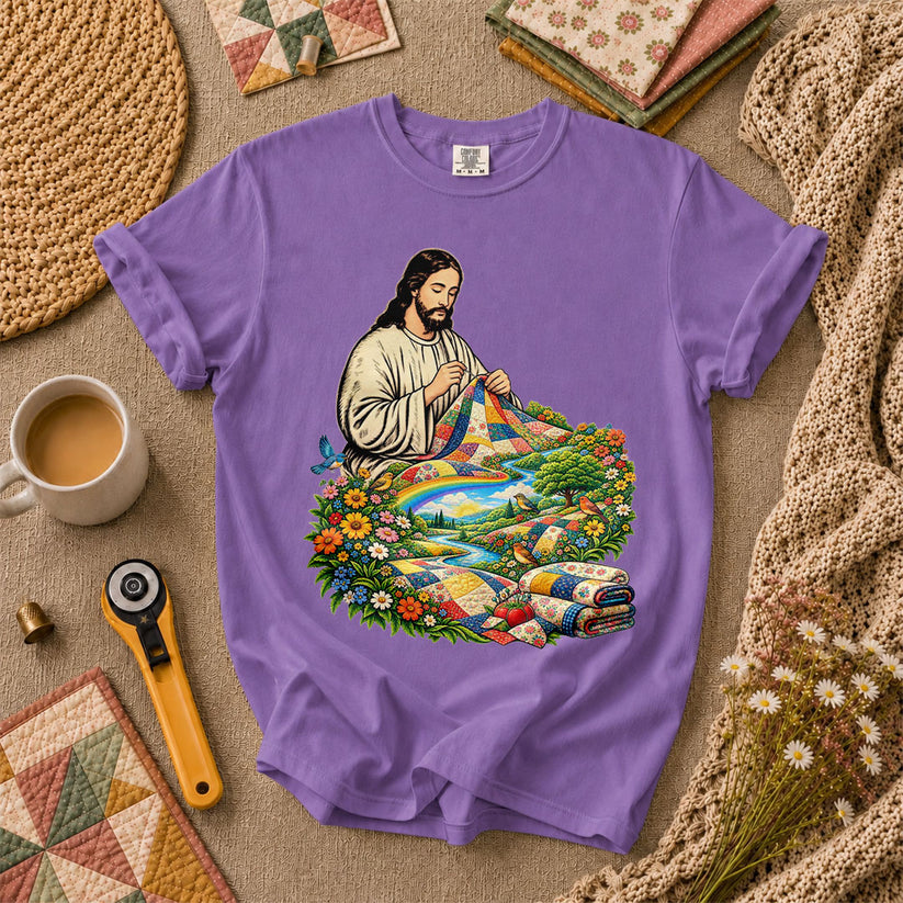 Jesus Quilting In Rainbow Flower Meadow T-Shirt - Heather Team Purple